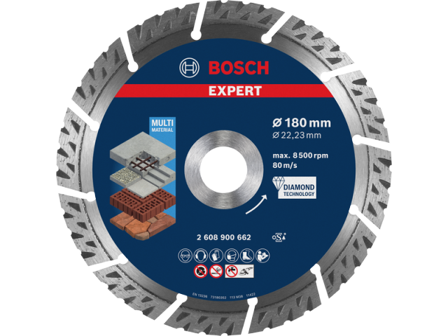 Diamantna rezalna plošča Bosch EXPERT MultiMaterial, Dimenzije: 180x22,23x2,4x12mm, 2608900662